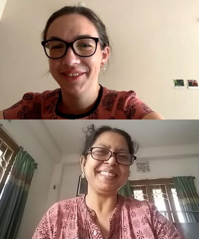 A BLCC teacher and student smiling together during a video call Bangla lesson
